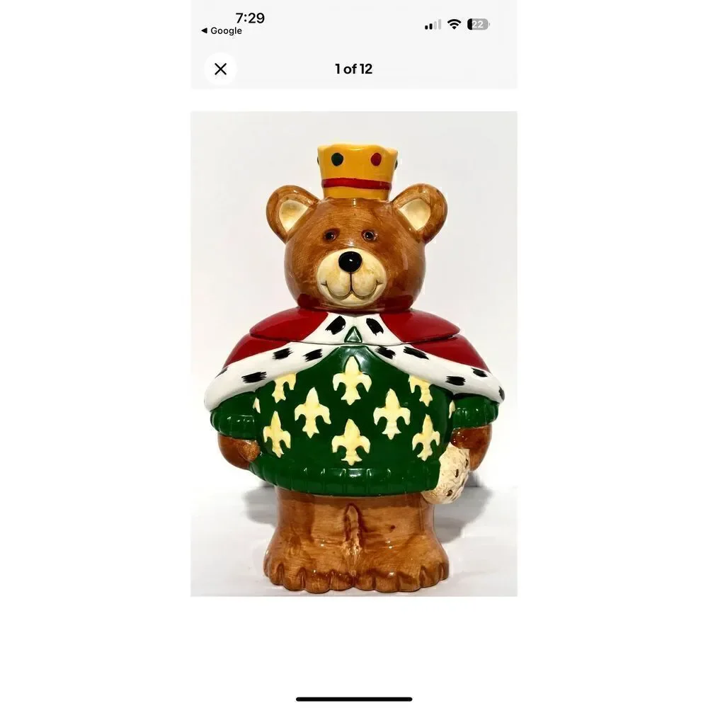 Neiman Marcus Christmas Cookie Jar Teddy Bear King Crown 1994 Hand Painted